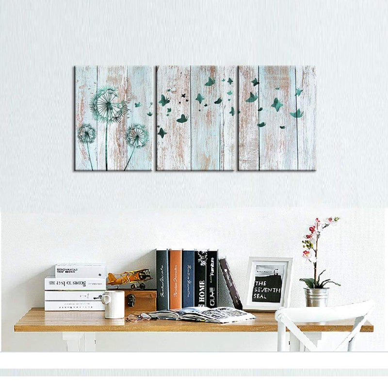 Visual Art Decor Rustic Teal Dandelion Butterflies Canvas Wall Art Prints Rustic Teal Home Bedroom Office Wall Decoration Framed Ready to Hang 12inx16inx3Pieces - Image 4